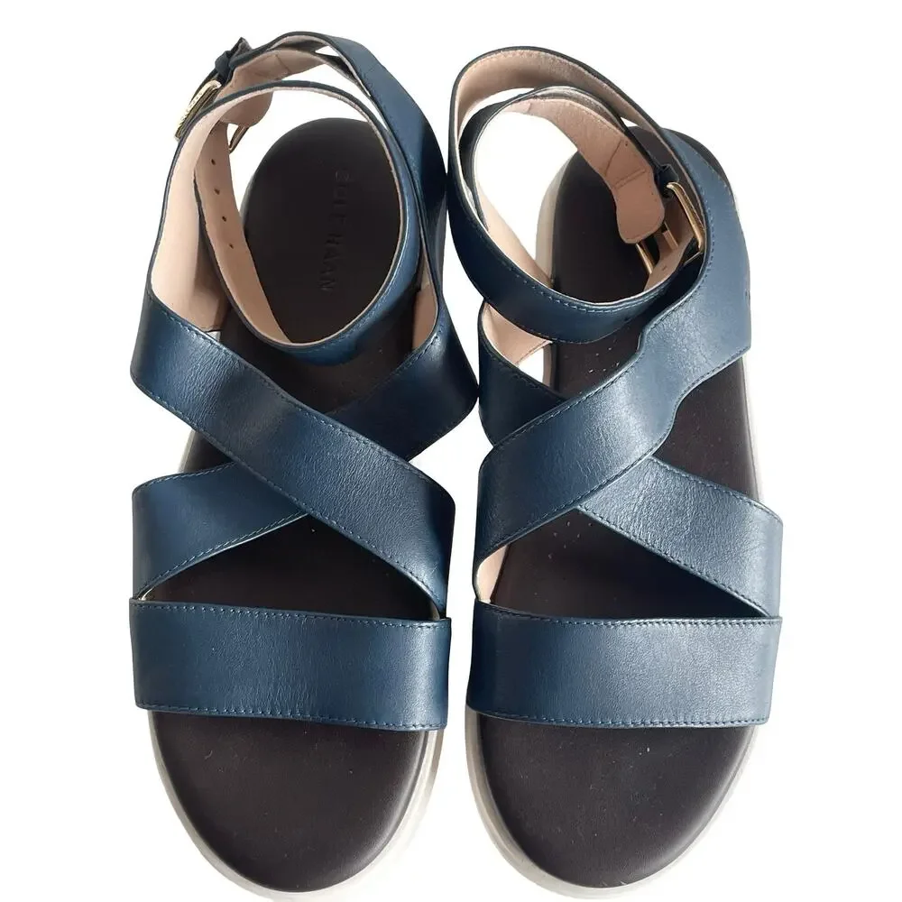 Cole Haan GrandPro Rally Castine Platform Sandal Blue Soze 6.5B‎ Strappy Leather